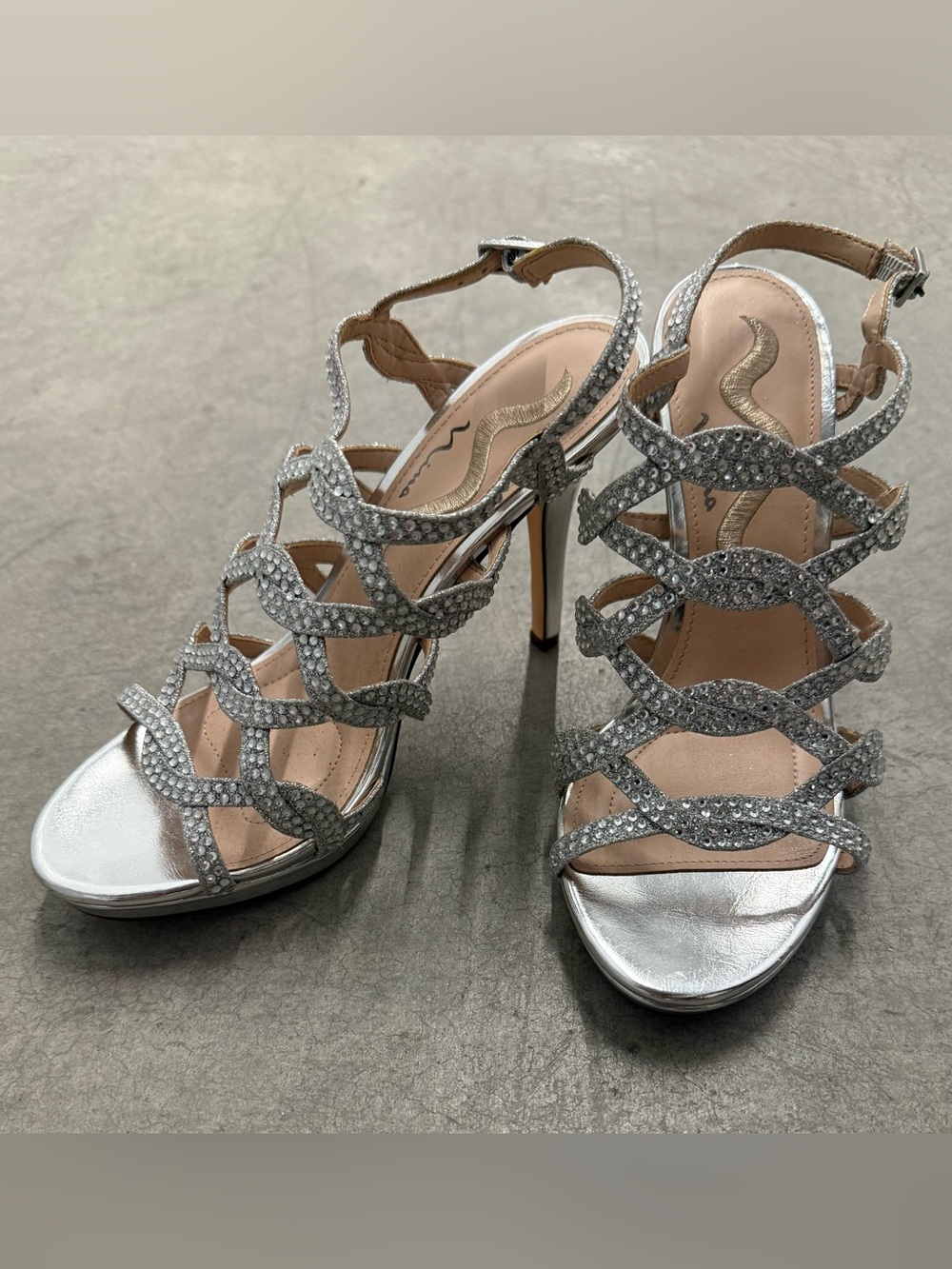 Nina Metallic Silver Strappy Heels with Rhinestones Women’s Size 7.5 M  Wedding